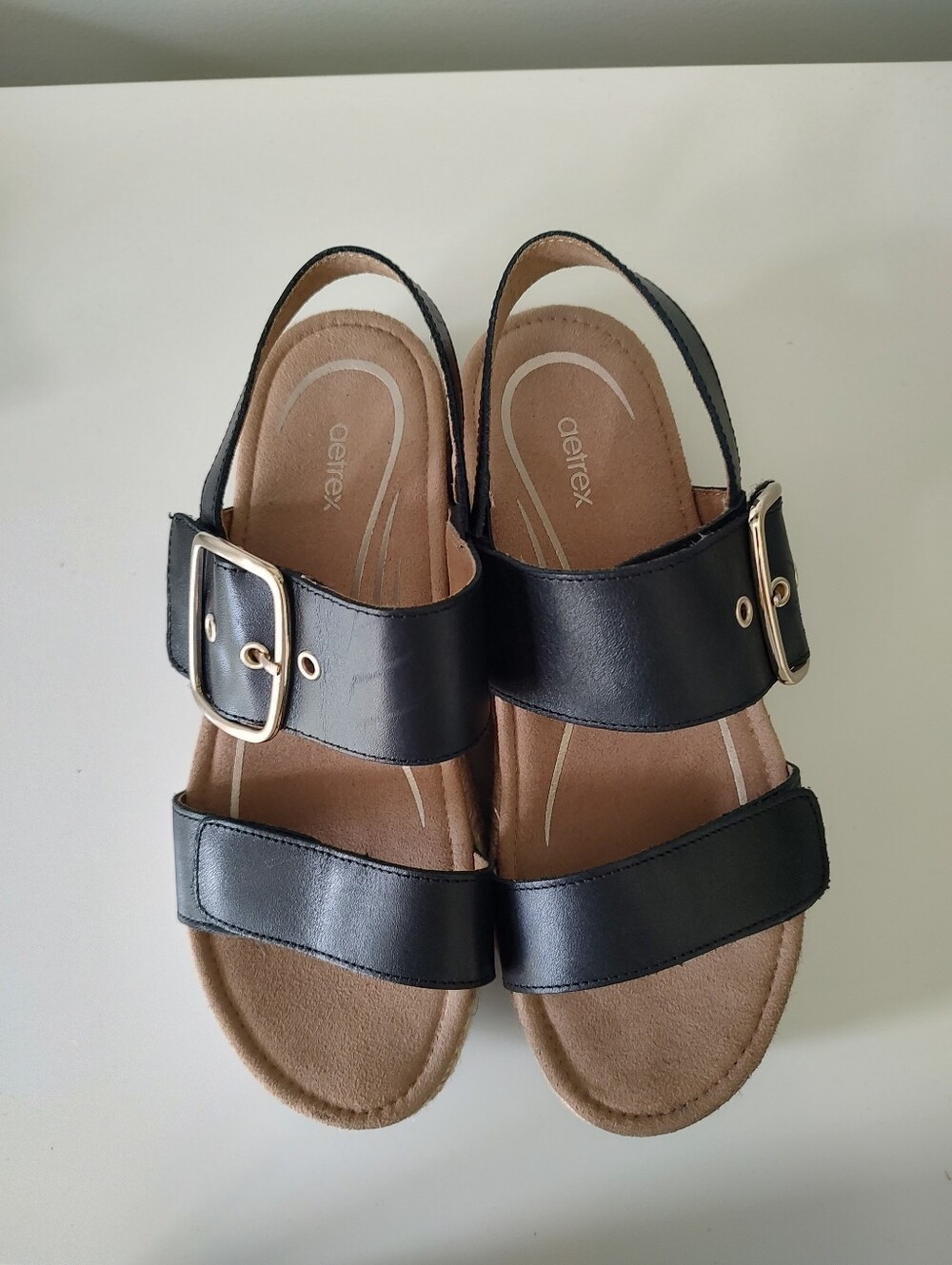 Aetrex Vania Black Leather Arch Support Espadrille Platform Wedge Sandal Size 7 - Picture 2 of 11